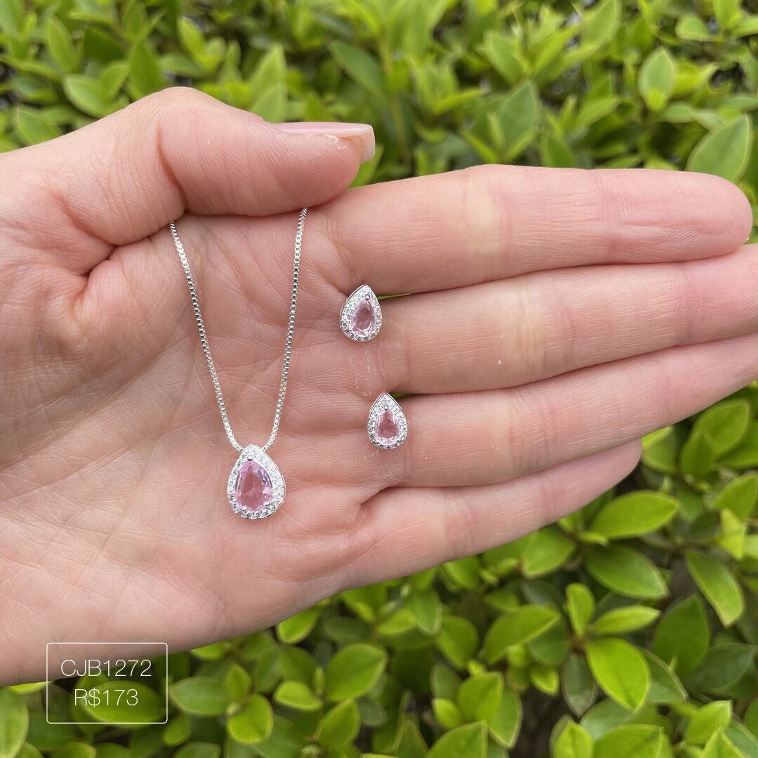Conjunto De Gota Rosa Cravejada Cristal Prateado